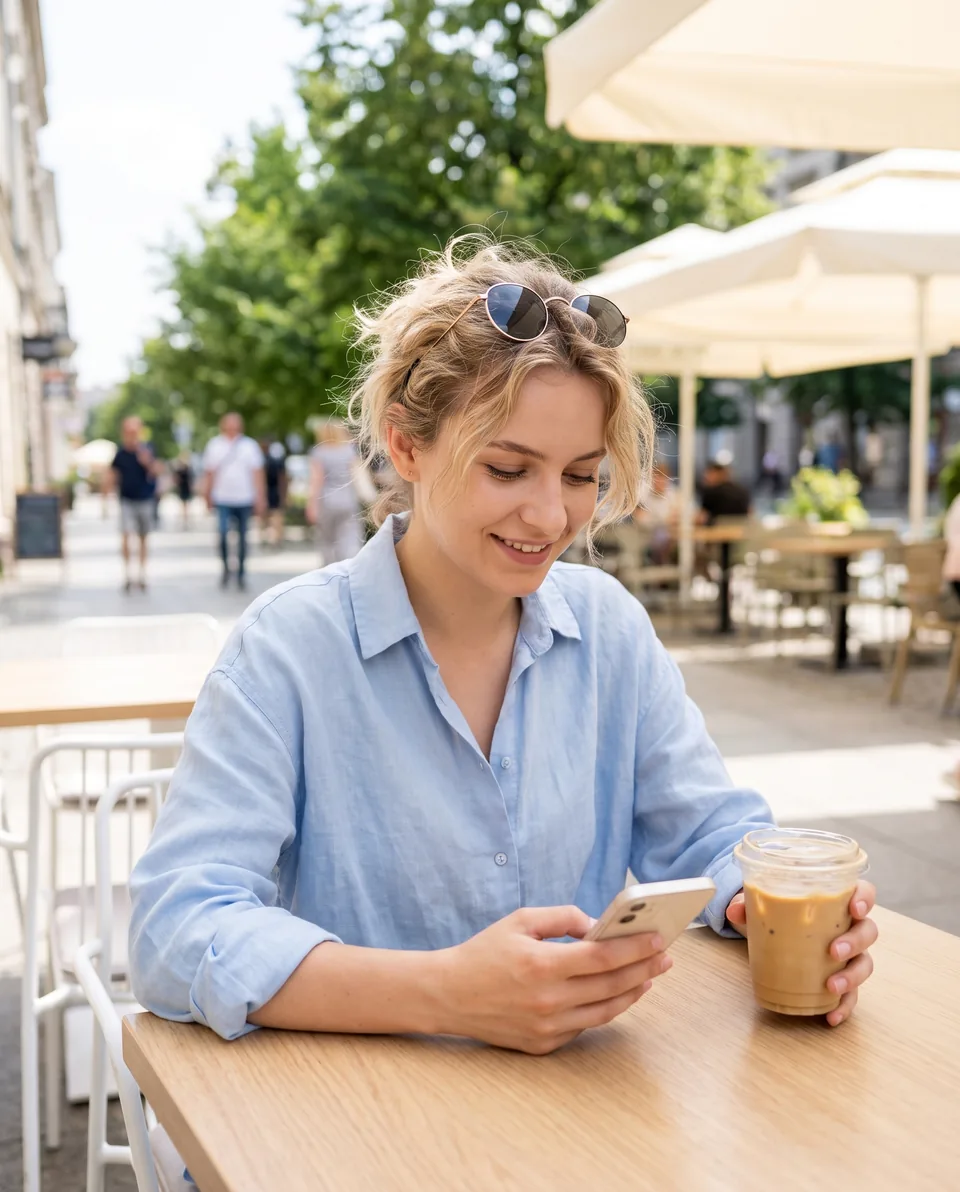 Kobieta z kawą pisze wiadomość na telefonie przy stoliku w kawiarni